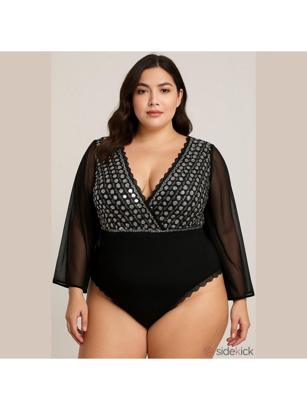 Lane Bryant Cacique:Sheer Black Long-Sleeve Mesh Bodysuit with Spot Lace Plunge